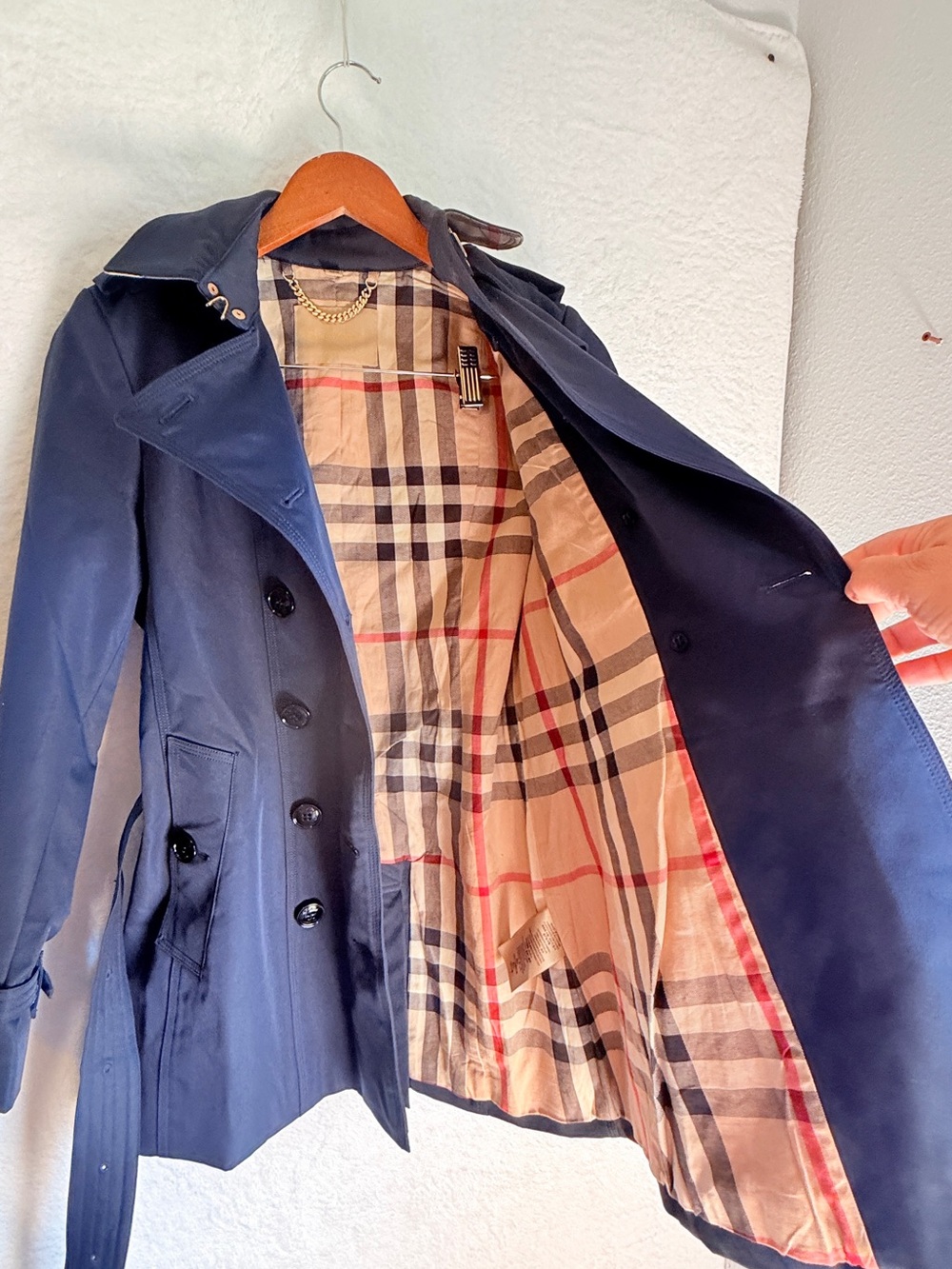 Geza Navy Double Breasted Belted Trench Coat Plaid Lined size 6 - Picture 4 of 5